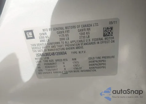 2011 Chevrolet Equinox Ls из США, поврежденный, VIN 2GNALBEC4B1299694